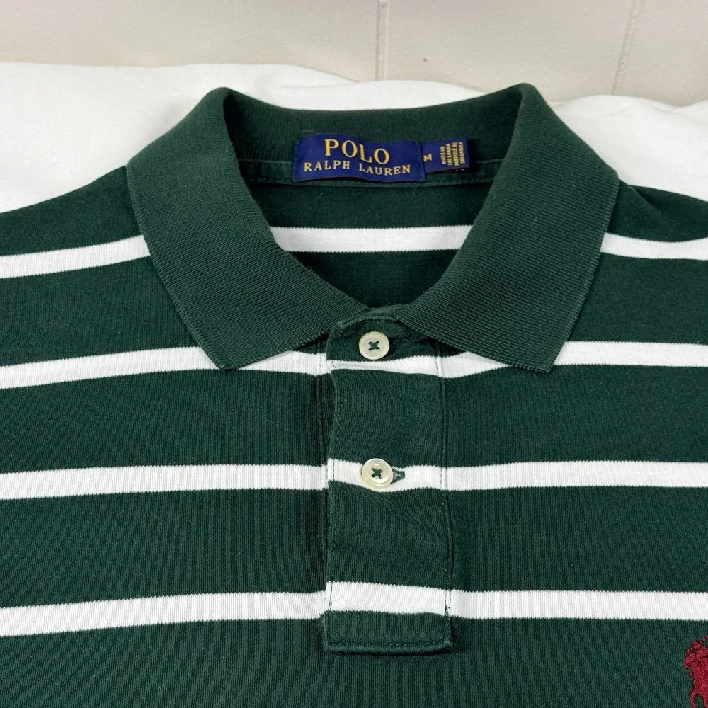 Polo Ralph Lauren Polo Shirt Mens M Green White Stripe Red Pony 100% Cotton Soft